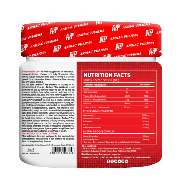 Anihac Pre-Workout- Nutritional Fact